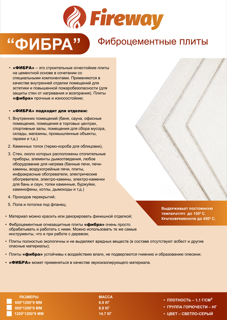 Плита огнеупорная фиброцементная ФИБРА 9х1220х1200 мм