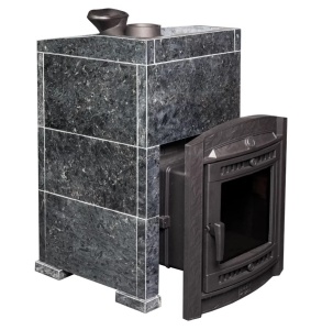 Печь-каменка чугунная АТМОСФЕРА XL дверца со стеклом в облицовке ПИРОКСЕНИТ (32 м.куб)