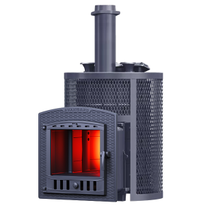 Печь-каменка чугунная АВАНГАРД ЗК УРАГАН 25П2 в сетке КРУГЛАЯ  дверца ПАНОРАМА  (25 м.куб)