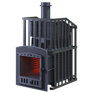 Печь-каменка чугунная ГРОМ-УРАГАН 30П2 дверца ПАНОРАМА (30 м.куб) в комплекте короб,труба 500 мм, дв