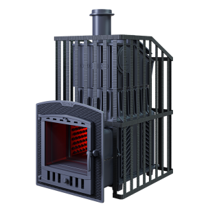 Печь-каменка чугунная ГРОМ УРАГАН 40П2 в СЕТКЕ  дверца ПАНОРАМА (40 м.куб)