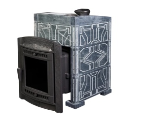 Печь-каменка чугунная АТМОСФЕРА L дверца со стеклом в облицовке ТАЛЬКОХЛОРИТ УЗОР № 7  (12-20 м.куб)