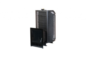 Печь-каменка  чугунная АМУР-ПРО с закрытой каменкой СЕТКА  высечка дверца ПАНОРАМА (12 - 24 м.куб)