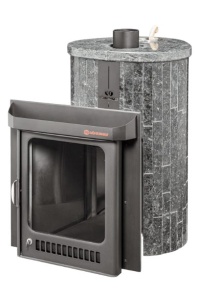 Печь-каменка ОПТИМА ПФ дверца со стеклом в ламелях ПИРОКСЕНИТ НАБОРНЫЙ (28 м.куб)