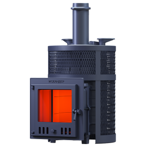 Печь-каменка чугунная ИСКАНДЕР ЗК УРАГАН 25М Pro в СЕТКЕ  дверца со стеклом (25 м.куб)
