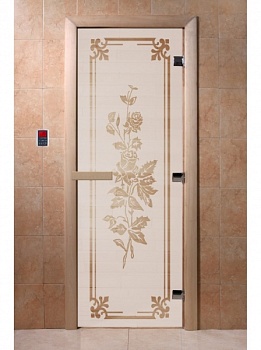 Дверь стеклянная РОЗЫ, САТИН МАТОВАЯ, 700х1900 мм, 3 петли, стекло 8 мм, коробка ОСИНА, магнит, DoorWood